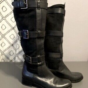 Cole Haan Air Avalon Black Tall Riding Boots Sz 6.5B Leather Suede 3 Buckle